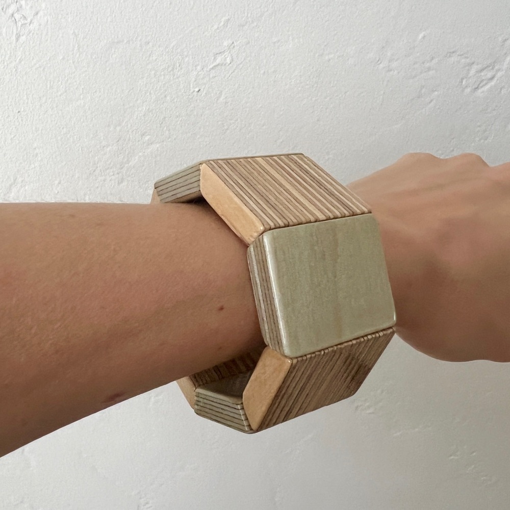 Octagonal chunky modern plywood sea foam light wood geometric bangle bracelet